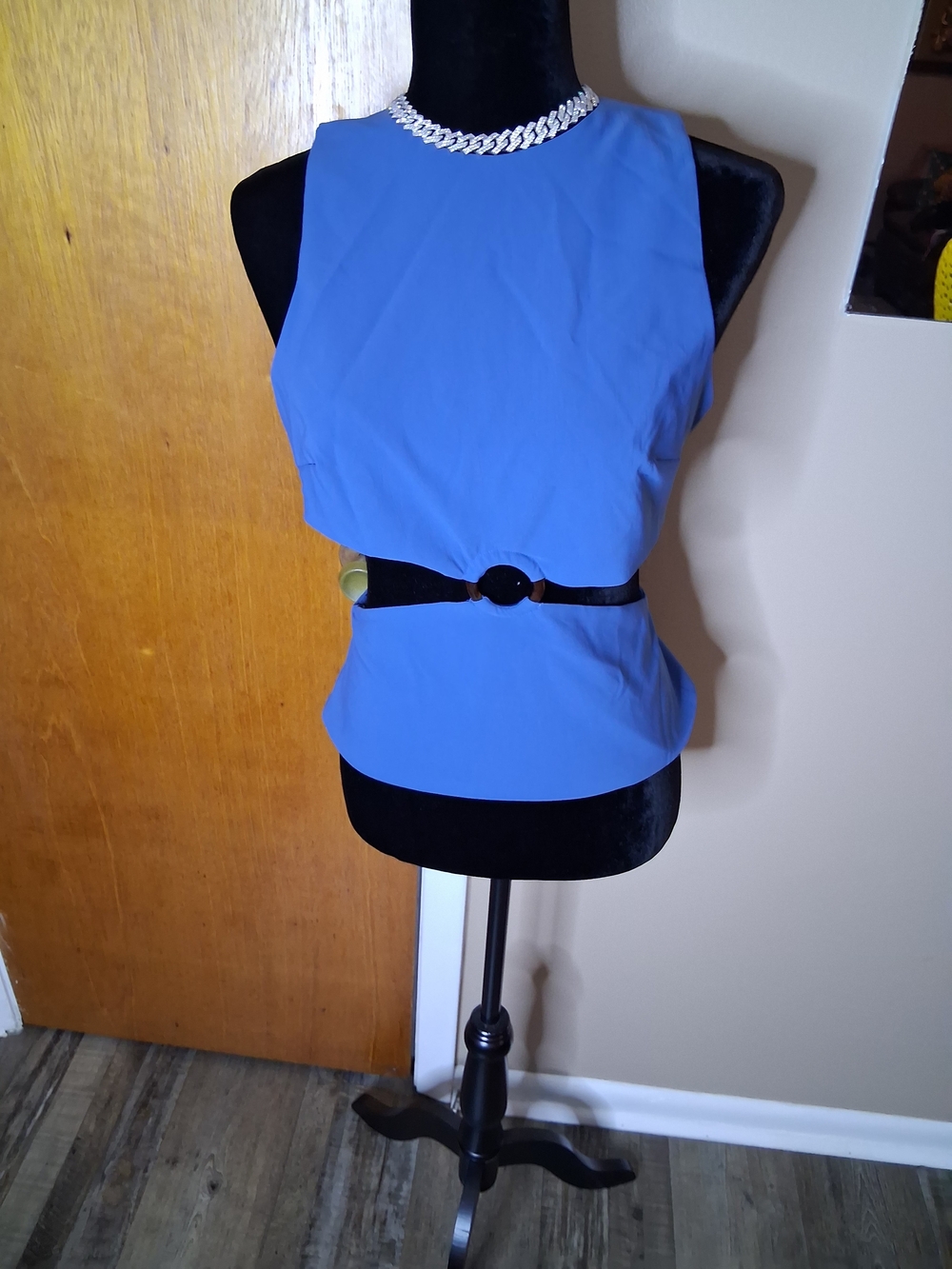 Women's Blue Sleeveless Cutout Top with Belt